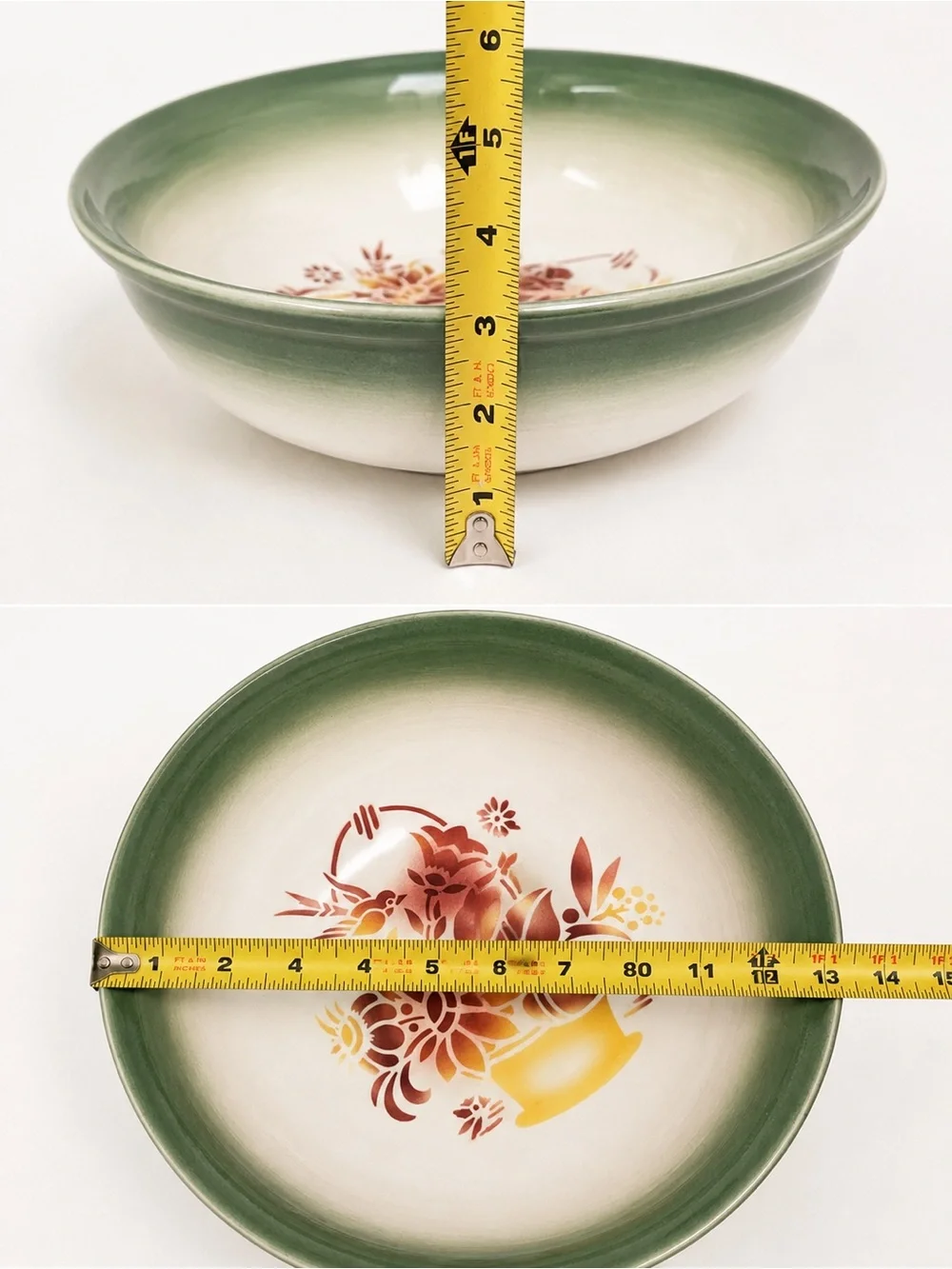 Vintage Floral Ceramic Serving Bowl in Green with Orange & Yellow Motif